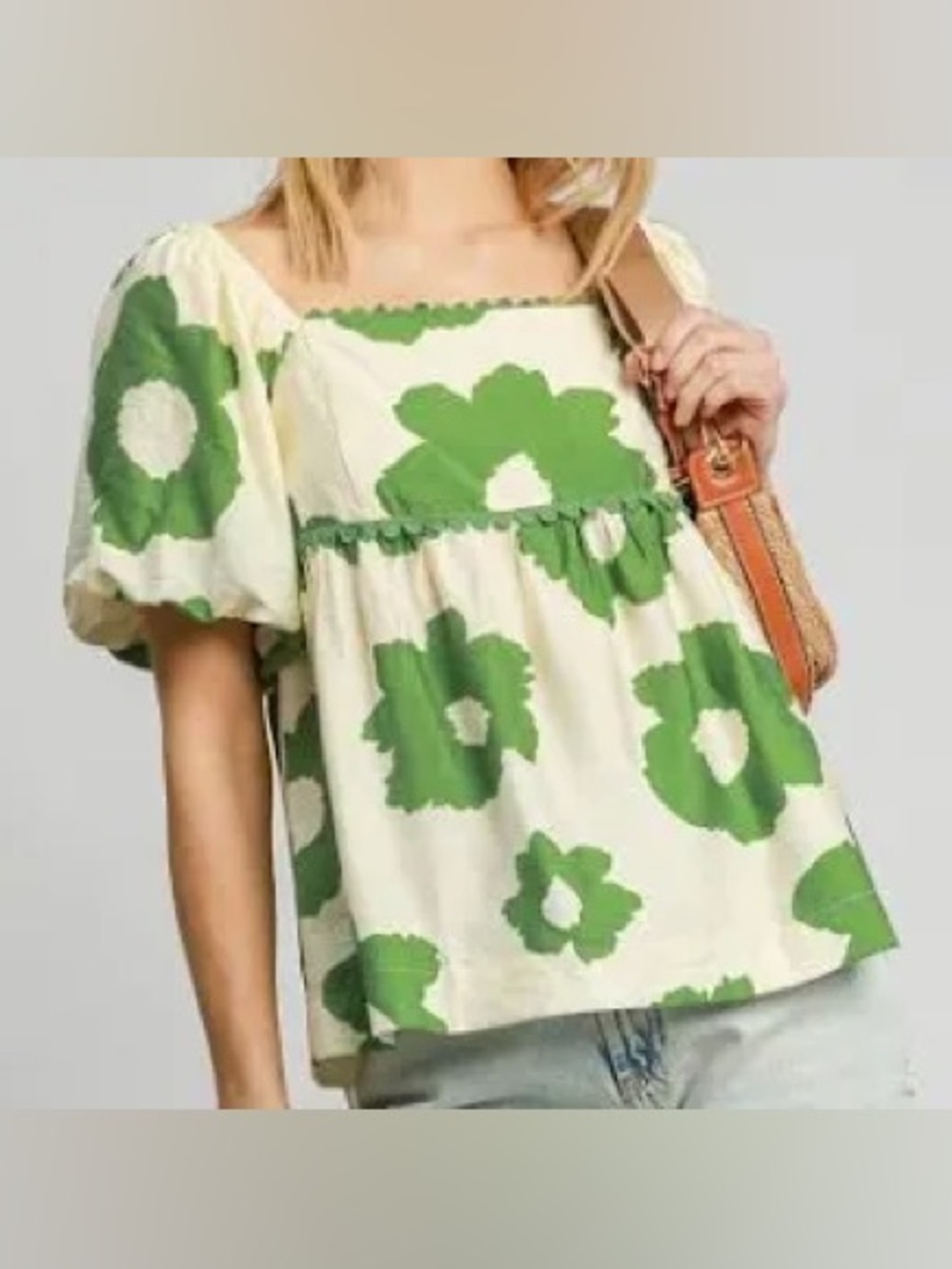 Umgee Green Floral Square-Neck Peasant Blouse